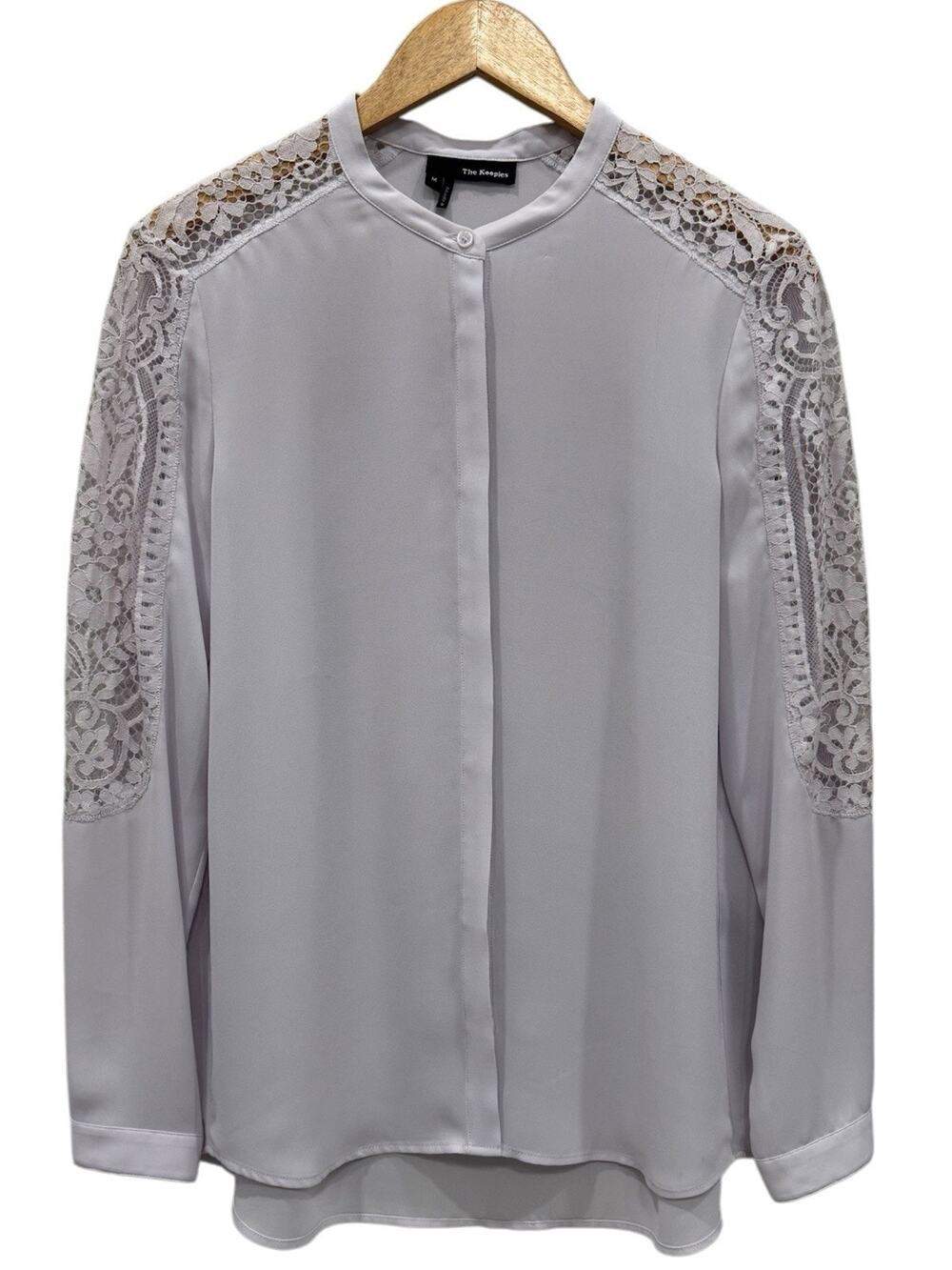 The Kooples Lace Sleeve Blouse Lavender Mandarin Collar Hidden Button Medium